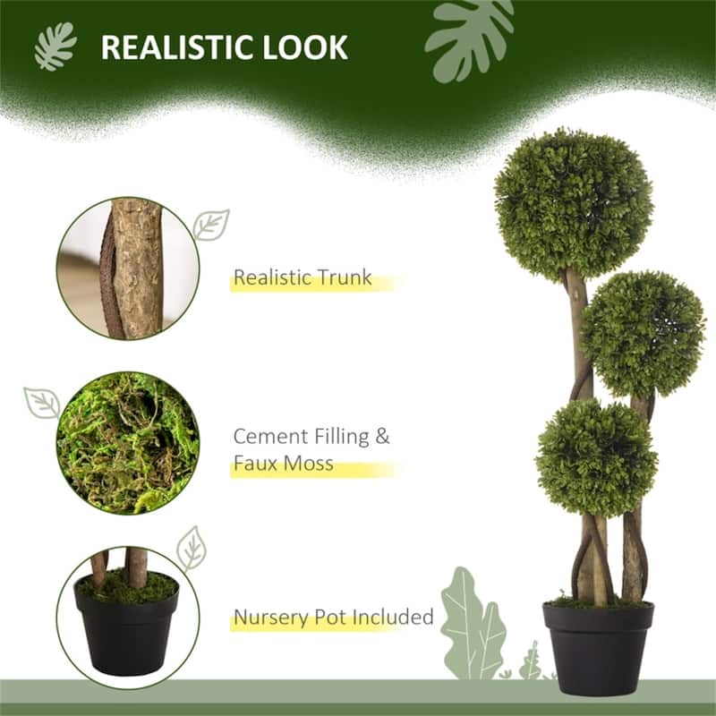 Artificial Three-Ball Boxwood Tree 35 Inch Dark Green with Cement Pot for Home Office and Outdoor Decoration