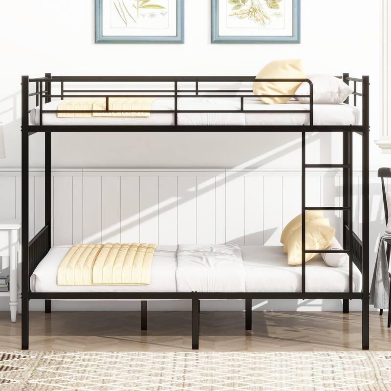 Bunk Bed Frame with Ladder and Guardrail, White Black Optional