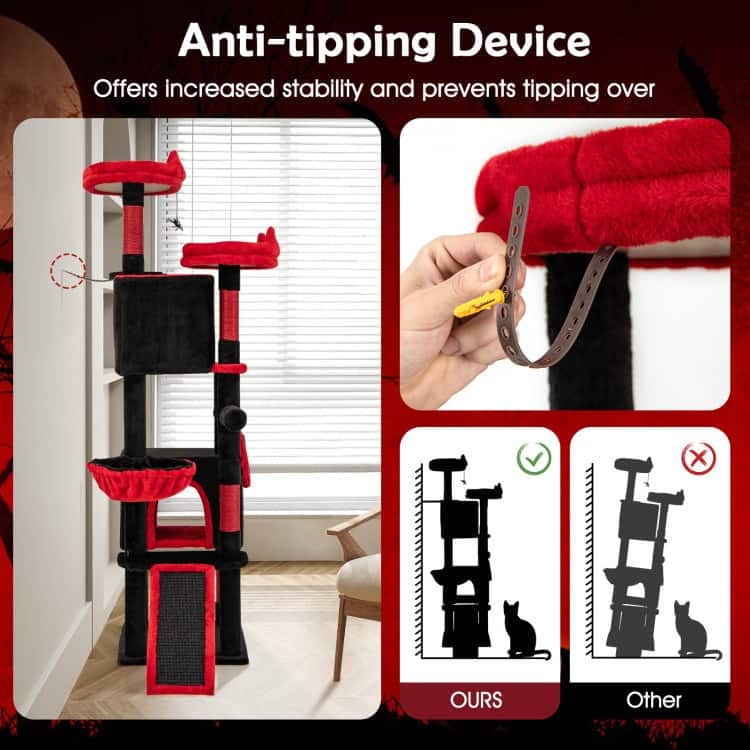 Black and Red Gothic Cat Tree Tower with Condos Perches Hammock and Scratching Posts Multi Level Cat