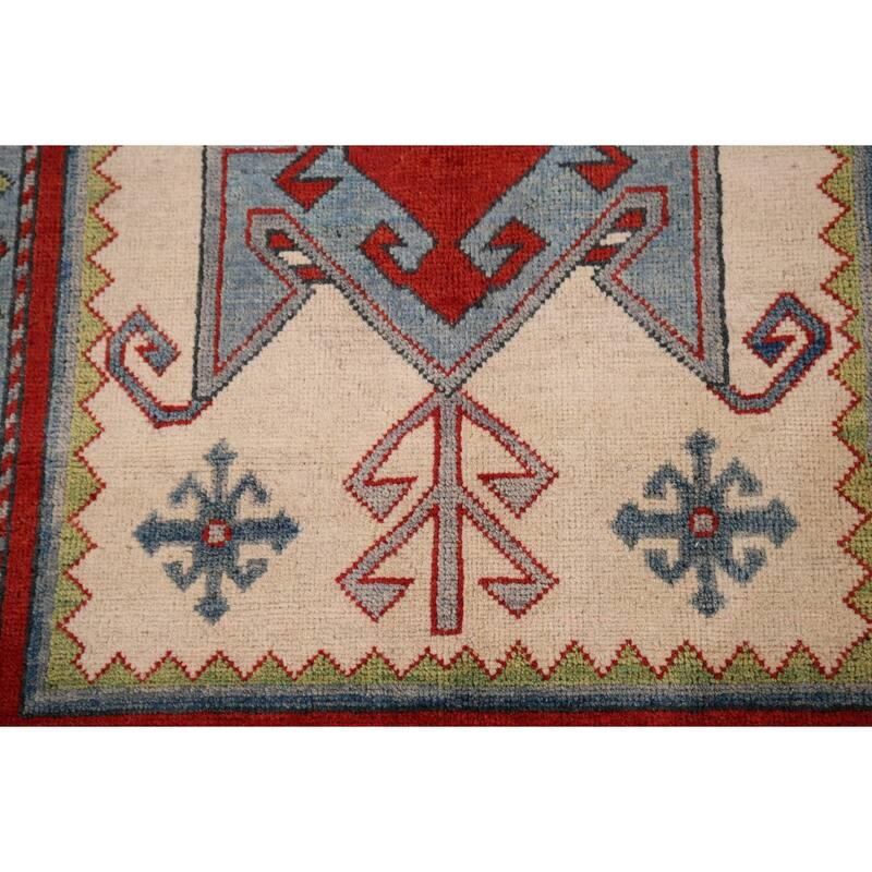 Ivory Geometric Kazak Oriental Foyer Rug Handmade Wool Carpet - 3'3" x 4'11"
