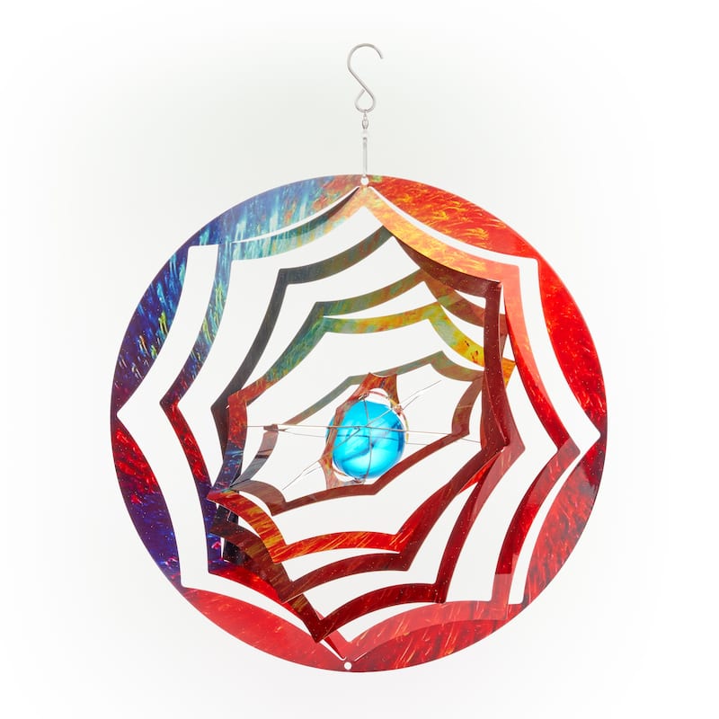 Alpine Corporation 12" Round Outdoor Hanging Metal Planet Wind Spinner with Blue Glass Ball