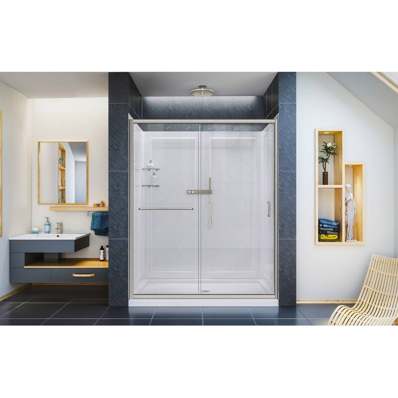DreamLine Infinity-Z 32 in. D x 60 in. W x 76 3/4 in. H Sliding Shower Door, Shower Base and Backwall Kit - 32" x 60"