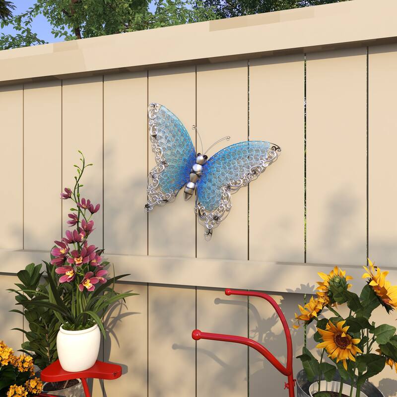 Iron Metal Eclectic Butterfly Wall Decor in Blue, Purple, or Green (16" H X 21" W)