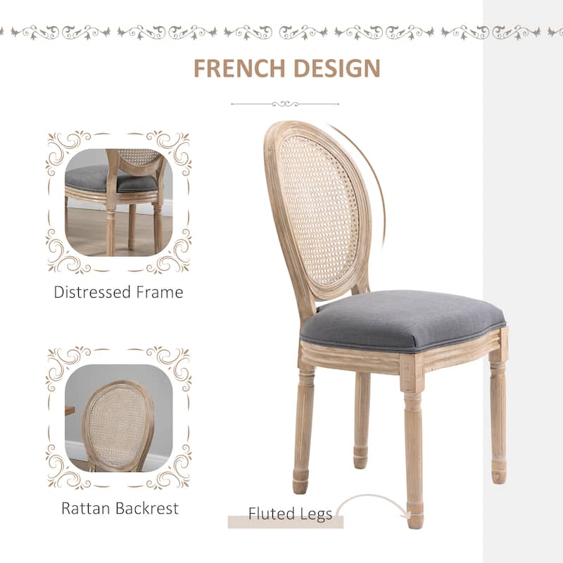 HOMCOM French-Style Upholstered Dining Chair Set, Armless Accent Side Chairs with Rattan Backrest and Linen-Touch Upholstery
