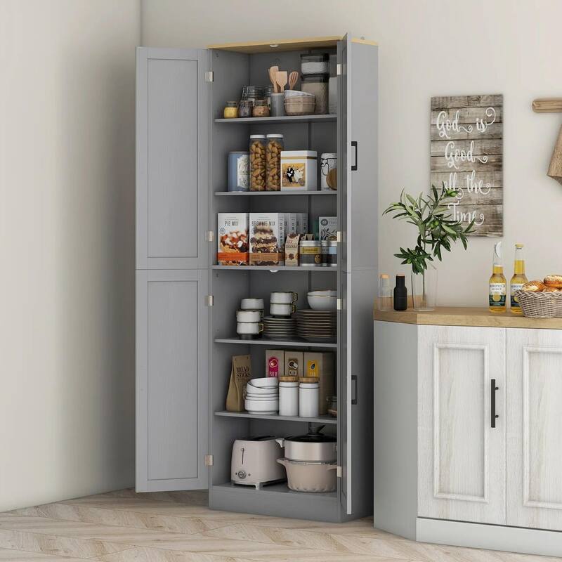 Freestanding Kitchen Pantry, 4-Door, Adjustable Shelves and Doors - Black