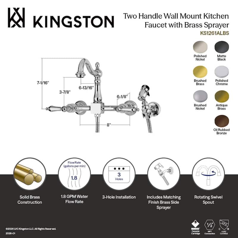 Heritage Wall Mount Bridge Kitchen Faucet with Brass Sprayer