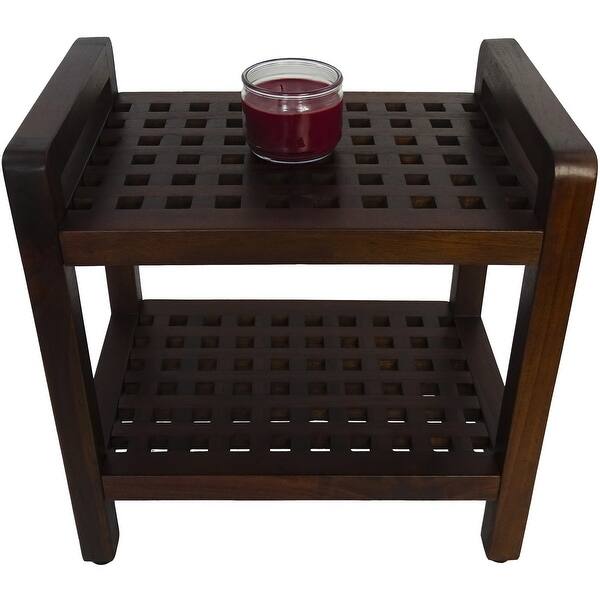 Compact Rectangular Teak Lattice Pattern Shower or Outdoor Bench in Brown Finish Compact Rectangular Teak Lattice Pattern Shower or Outdoor Bench in Brown Finish
