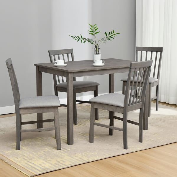 slide 2 of 16, 5-Piece Farmhouse Wooden Dining Room Set (1 Table+ 4 Slat Back Chairs) Grey