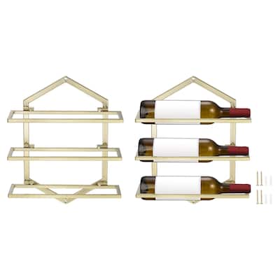 2 Set Wall Mounted Wine Rack - Hanging Wine Bottle Holder Holds 3 Bottles Golden - Gold