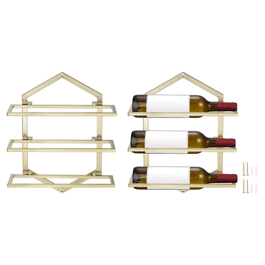 2 Set Wall Mounted Wine Rack - Hanging Wine Bottle Holder Holds 3 Bottles Golden - Gold