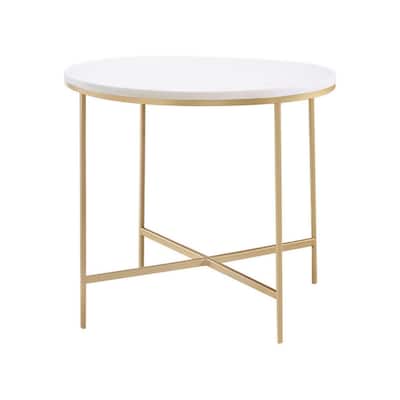 22 in. White and Gold Round Faux Marble End Table, Sturdy Build End Side Table for Living Rooms