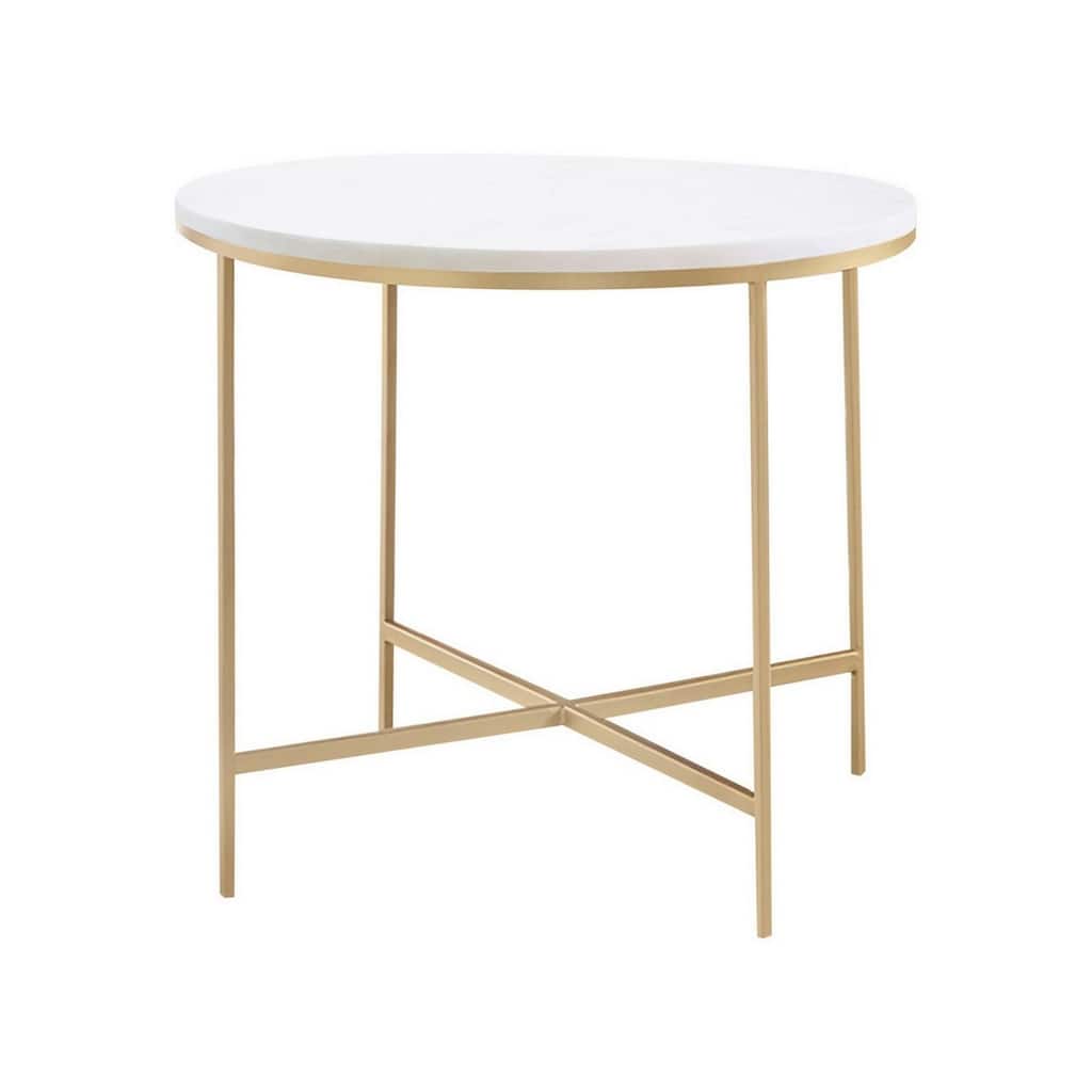 22 in. White and Gold Round Faux Marble End Table, Sturdy Build End Side Table for Living Rooms