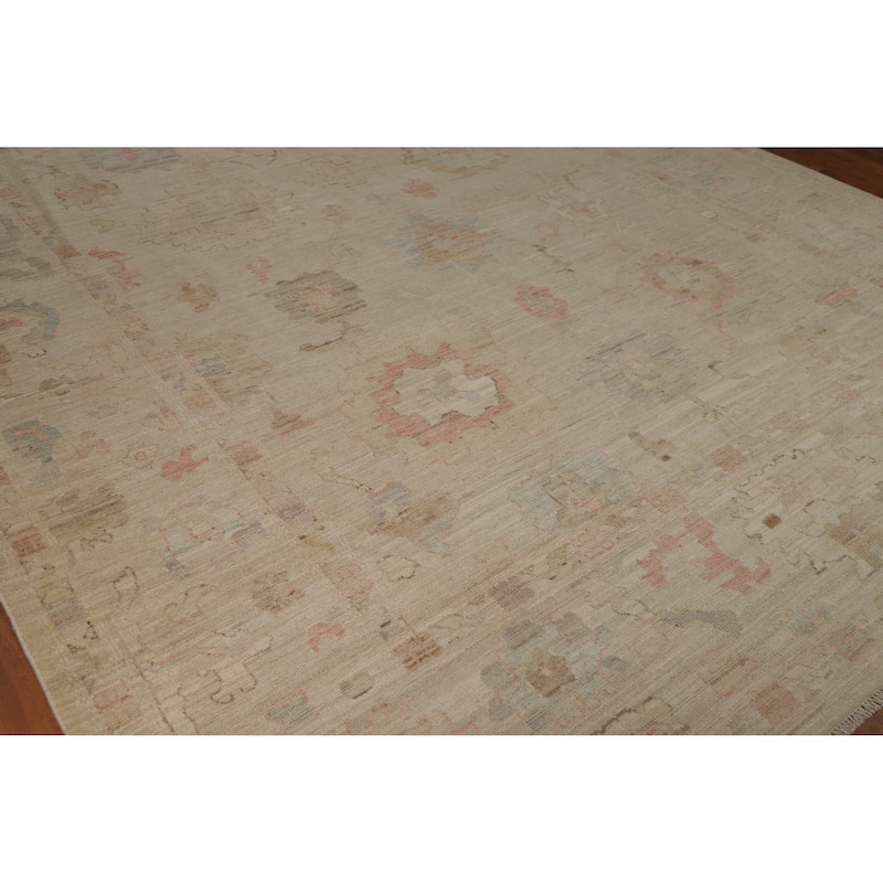 Hand Knotted Oriental 100% Wool Carpet Transitional All-Over Beige & Ivories Oushak Area Rug - 11' 10'' X 8' 11''