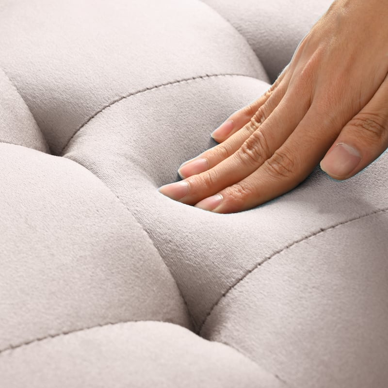 Square velvet upholstered Ottoman with storage space, hidden support hinge with easy to open top, rivet trim around