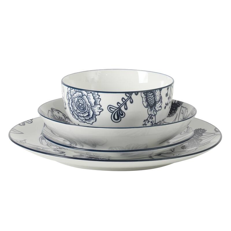 Gibson Home Westerly Court 16-Piece Dinnerware Set, Blue Floral Stoneware Plates & Bowls, Service for 4