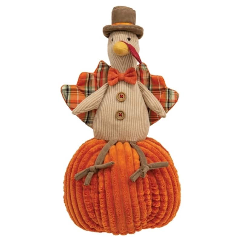 Stuffed Plaid Turkey Sitting on Pumpkin Fall Decoration - 7" x 7" x 13.50" - Orange-Light-Brown