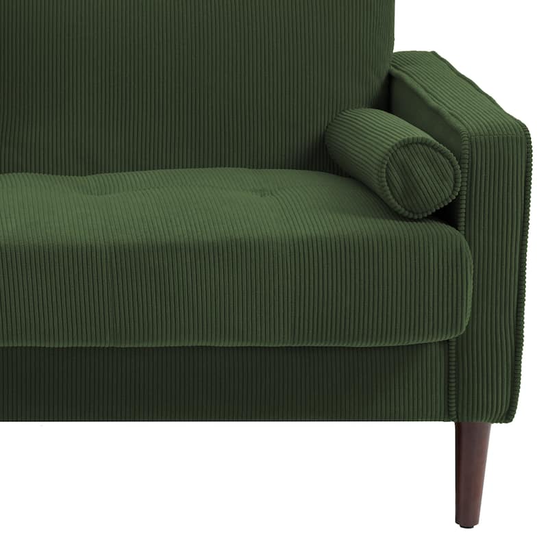 Modern Corduroy Upholstered Loveseat with Bolster Pillows and Wood Legs
