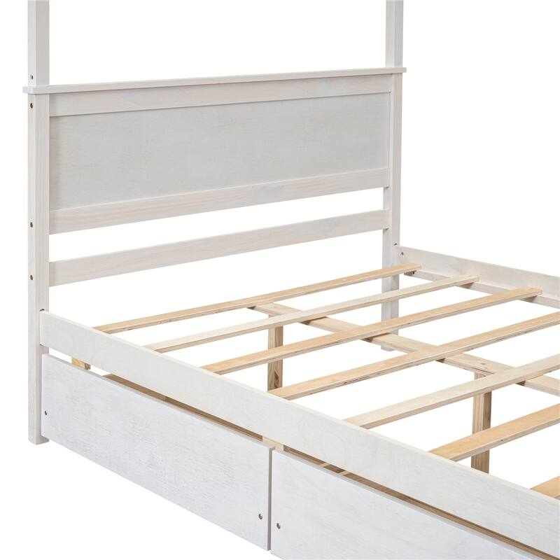 Wood Canopy Platform Bed with Two Drawers and Support Slats