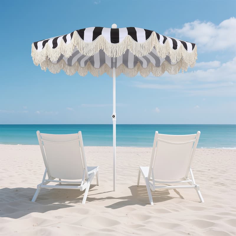 Mariner 6.5ft Classic Fringe Umbrella w/ Tilt & Bag - Black/White, White Pole