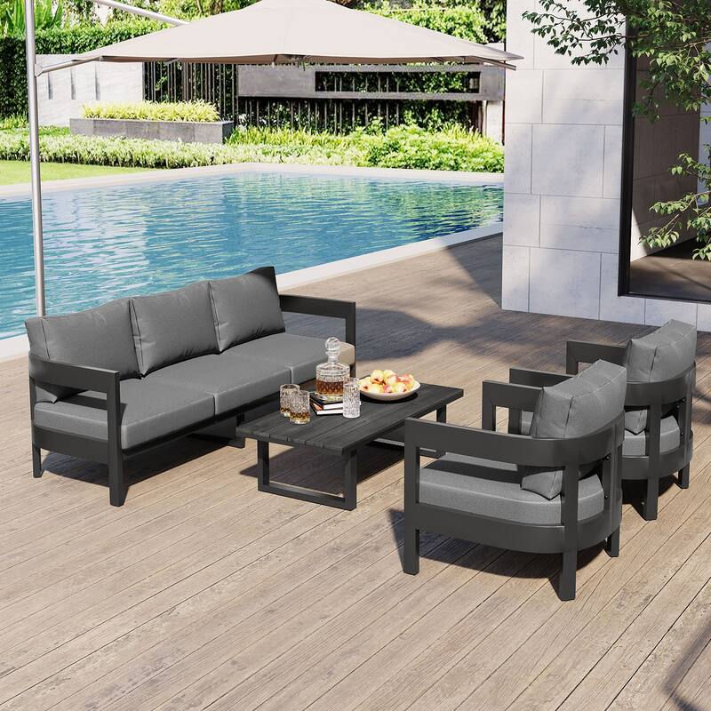 Gray Outdoor Seating Set with Thick Cushions Iron Frame Plastic Wood Table for Patios Lawns Poolside