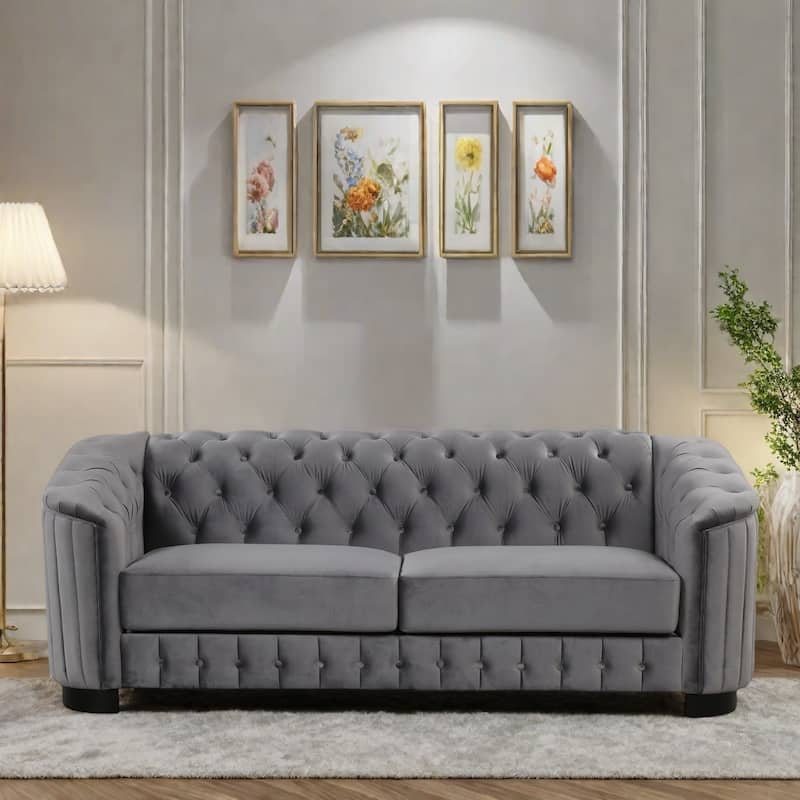 82.4" Velvet 3-Seat Sofa with Solid Wood Frame and Ergonomic Backrest - Soft Padded Seat - Gray