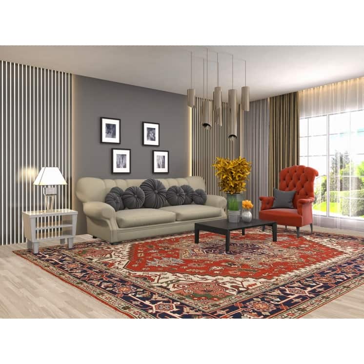 Orange Geometric Heriz Serapi Area Rug Handmade Oriental Wool Carpet - 9'0"x 11'8"