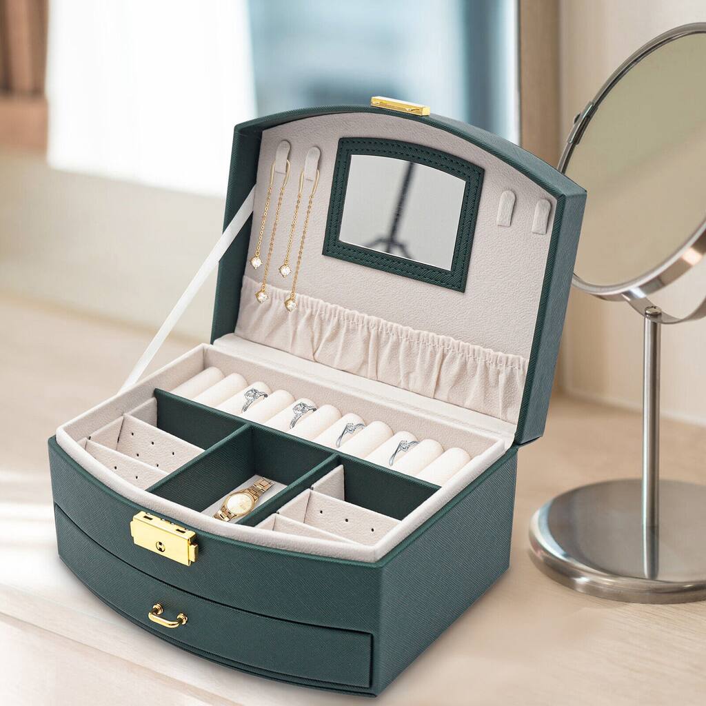 Collan 2 Layer Green PU Leather Jewelry Box Organizer with Lock - 2 ...