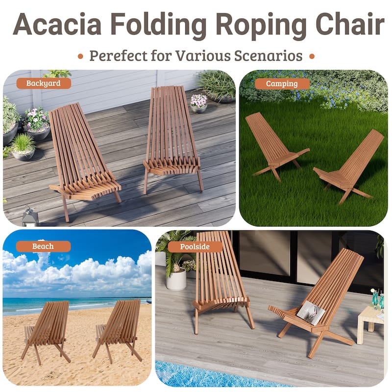 EROMMY 2-Piece Folding Acacia Wood Chairs Set - Standard & Rope Design Patio Chairs for Garden, Camping, Balcony