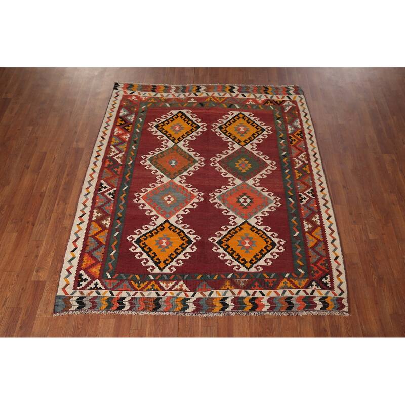 Vegetable Dye Red Tribal Kilim Qashqai Persian Vintage Wool Carpet - 5'4"x 6'3"