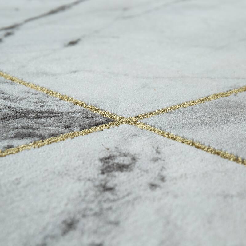 White Gold Grey Living Room Rug with luxurious Marble Pattern in 3D