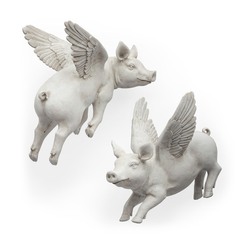 Hogbadi White Resin Flying Pigs Decorative Wall Accents, Set of 2