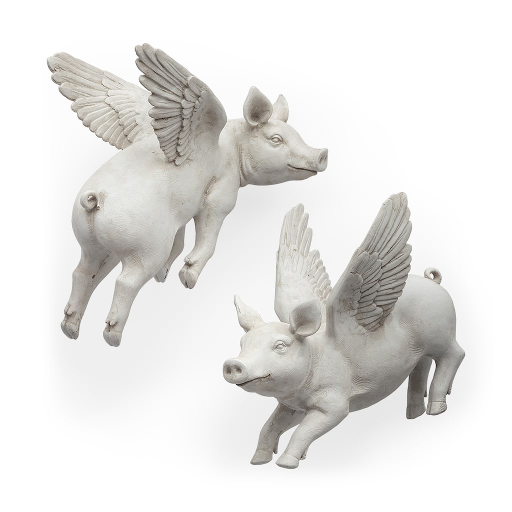 Hogbadi White Resin Flying Pigs Decorative Wall Accents, Set of 2