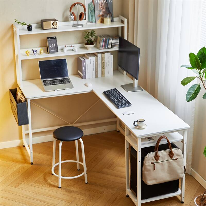 94.5" L Shape Home Office Desk with Storage Shelves and Stool
