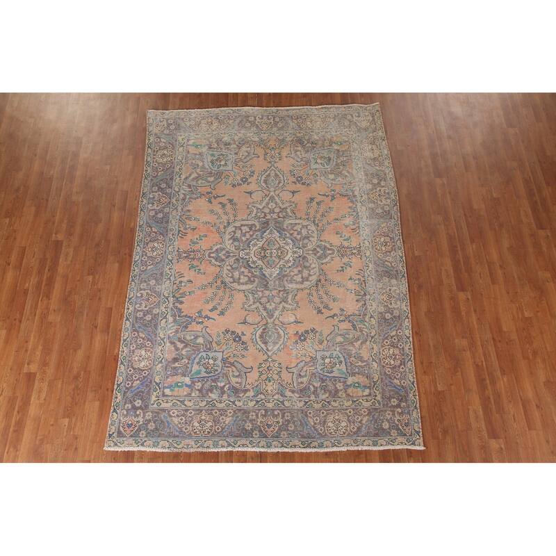 Distressed Tabriz Persian Vintage Rug Handmade Bedroom Wool Carpet - 6'5" x 9'3"