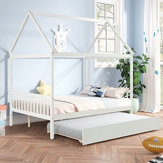 White Full Size Wood House Bed with Trundle, Roof, and Fence