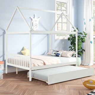 White Full Size Wood House Bed with Trundle, Roof and Fence for Kids, Boys and Girls
