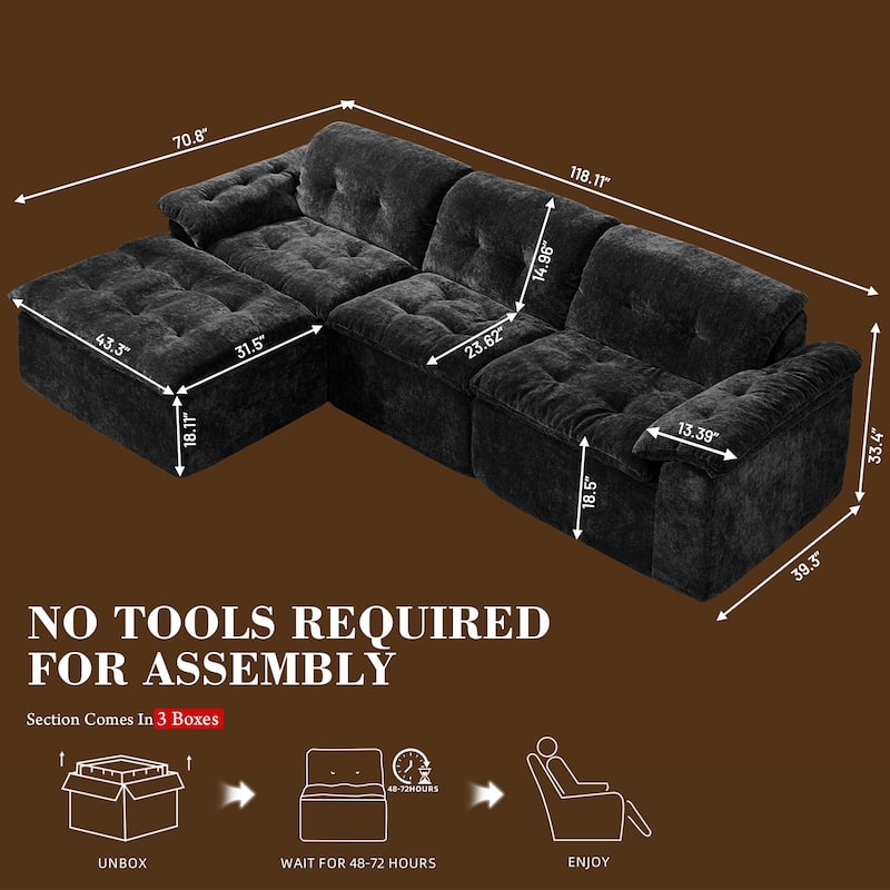 Rossetta L-Shaped Modular Chenille Cushioned Extreme Comfort Sofa with Detachable Backrest and Armrests, 1 Removable Ottoman