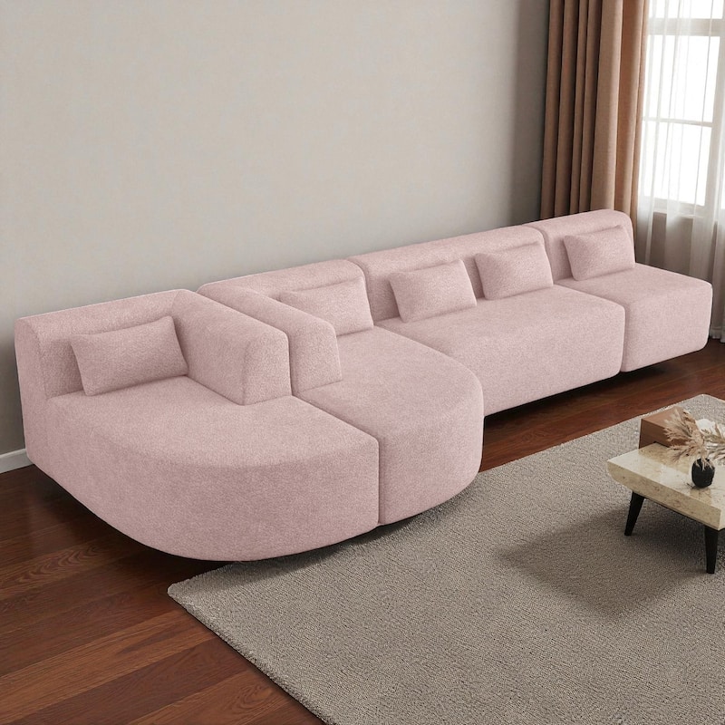 144" Modular Upholstered Sofa with 2 Curved Chaise Lounges and 5 Back Pillows, Boucle Free-Combined Couch for Living Room - Pink