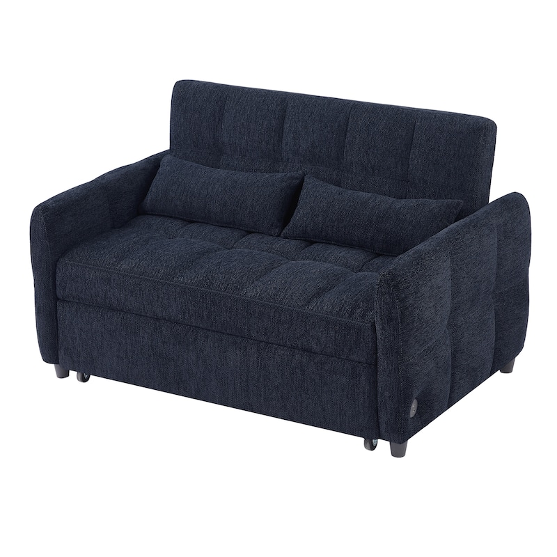 Roomfitters Loveseat Pull-Out Sofa Bed, Tufted Sleeper with Adjustable Backrest, USB Ports, and Lumbar Pillows for Living Room