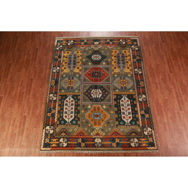 Green Geometric Kazak Oriental Area Rug Hand-Knotted Wool Carpet - 8'0" x 10'2"