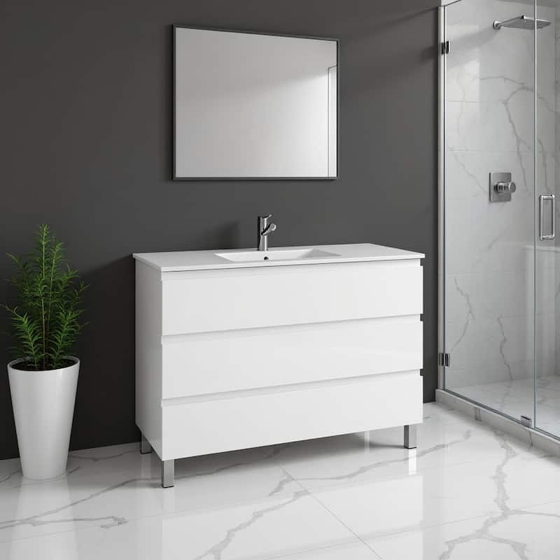 HomeRoots 48" White Wood Freestanding Bathroom Vanity With White Sink And Three Drawers - 48.00 in. x 39.06 in. x 18.10 in. - 48.00 in. x 39.06 in.  x 18.10 in. - Polished - White