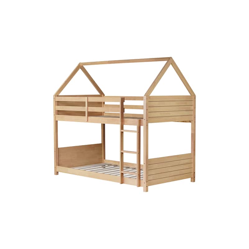 Twin Over Twin House Floor Bunk Bed with Headboards, Footboards, Guardrails, and Ladder in White Oak