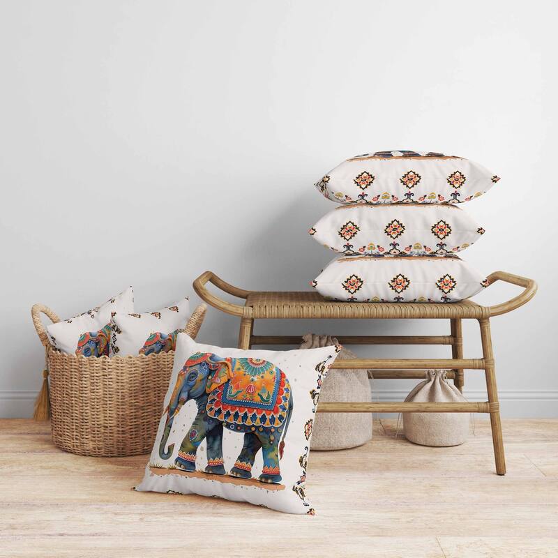 Decorated Elephant Faux Suede Reversible Throw Pillow Beige and Blue