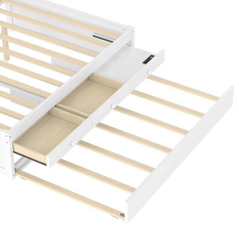 Platform Bed with Pull-out Trundle and Dual Storage Drawers, Built-in Power Strip, Wooden Bed Frame, No Box Spring Needed