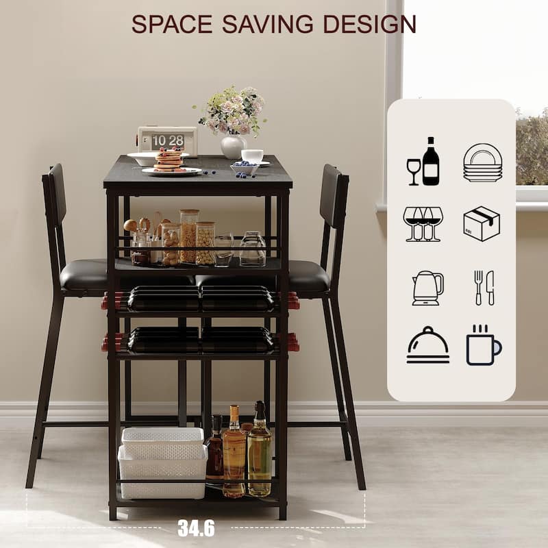 Dining Room Table with 2 Upholstered Chairs, Bistro Table and Chairs Set of 2 with Storage Shelves