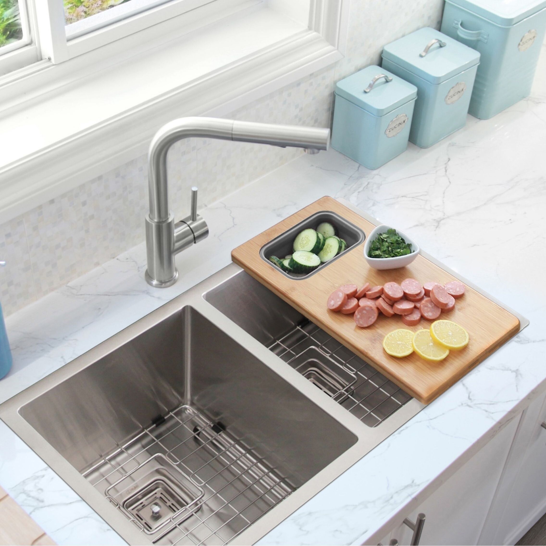 AZUNI 18 inch Over the Sink Bamboo Cutting Board with 1 ...