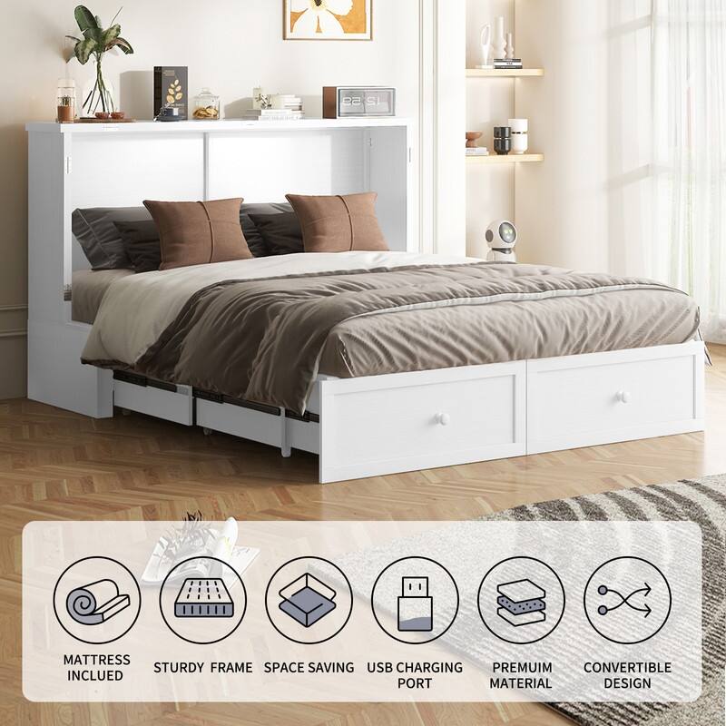 Mixoy Modern Queen Size Murphy Bed with 4.7''Mattress,USB ports,Storage Drawers