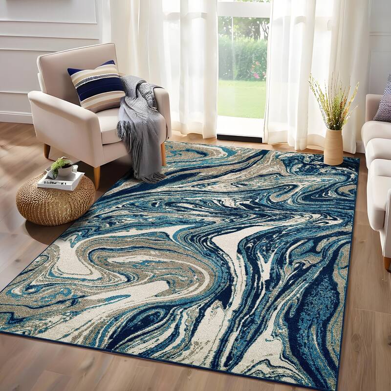 Washable Area Rugs for Living Room, Soft Modern Abstract Rug Non Slip Low Profile Carpets for Bedroom Dining Room - 5'x7' - Turquoise