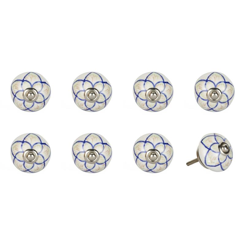 Set of 8 Blue Cream Ceramic Cabinet Knobs with Silver Finish Floral Drawer Pulls for Dresser - 1.5” x 1.5” x 1.5”