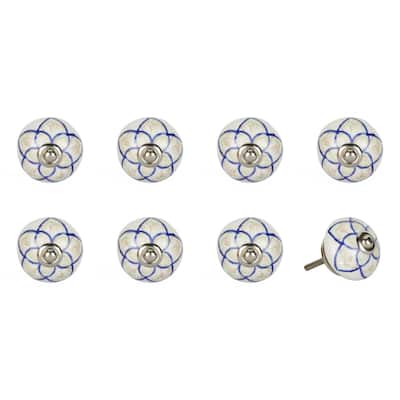 Set of 8 Blue Cream Ceramic Cabinet Knobs with Silver Finish Floral Drawer Pulls for Dresser - 1.5” x 1.5” x 1.5”